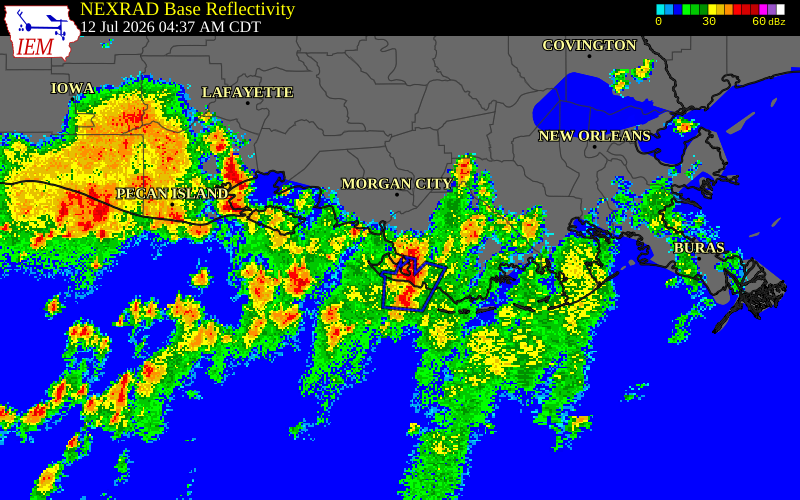 NEXRAD radar during the Sunday, July 12, 2026 storm activity in Terrebonne Parish, Louisiana