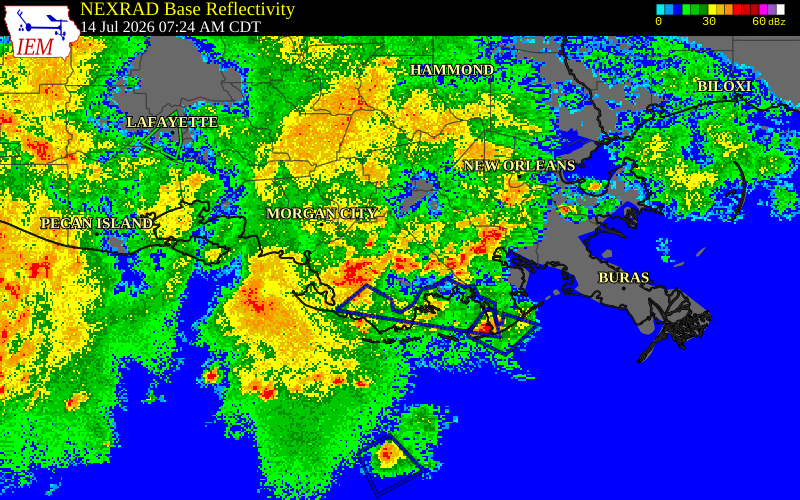 NEXRAD radar during the Tuesday, July 14, 2026 storm activity in Terrebonne Parish, Louisiana