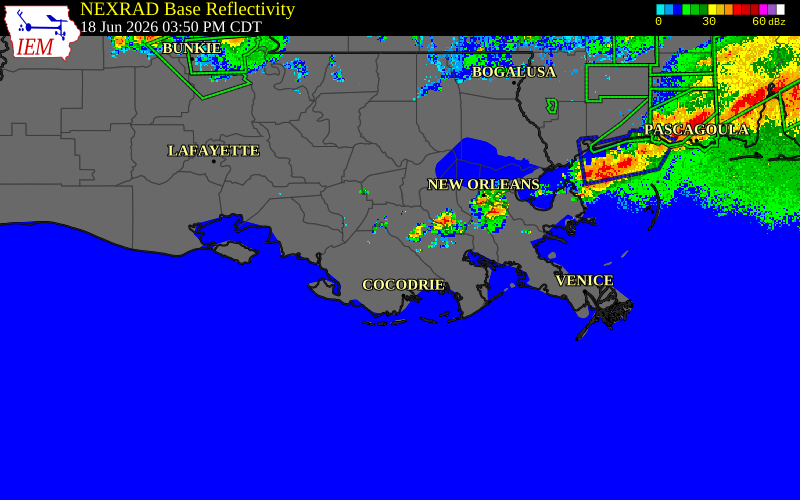 Radar snapshot during the Jun 18, 2026 tornado event near 1 ENE Houma, Terrebonne Parish, Louisiana, with NWS warning polygons