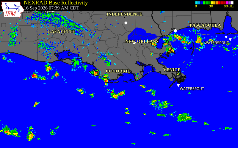 Current NEXRAD radar over Terrebonne Parish, Louisiana with recent storm report locations