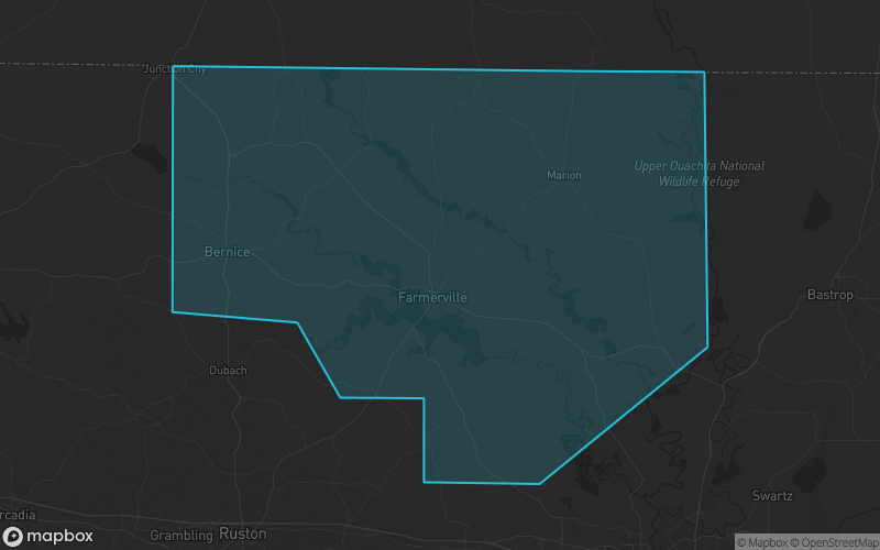 Map of Union Parish, Louisiana showing the county boundary and surrounding cities