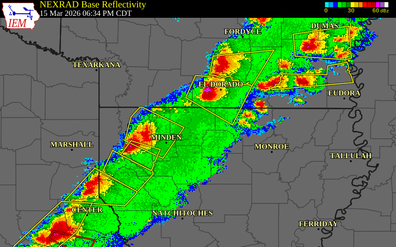 NEXRAD radar during the Sunday, March 15, 2026 storm activity in Union Parish, Louisiana