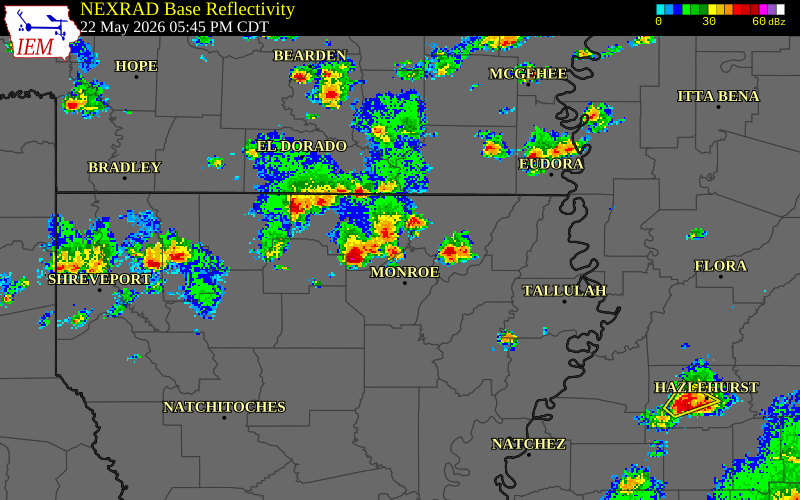 NEXRAD radar during the Friday, May 22, 2026 storm activity in Union Parish, Louisiana