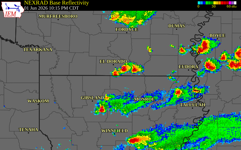 NEXRAD radar during the Monday, June 1, 2026 storm activity in Union Parish, Louisiana