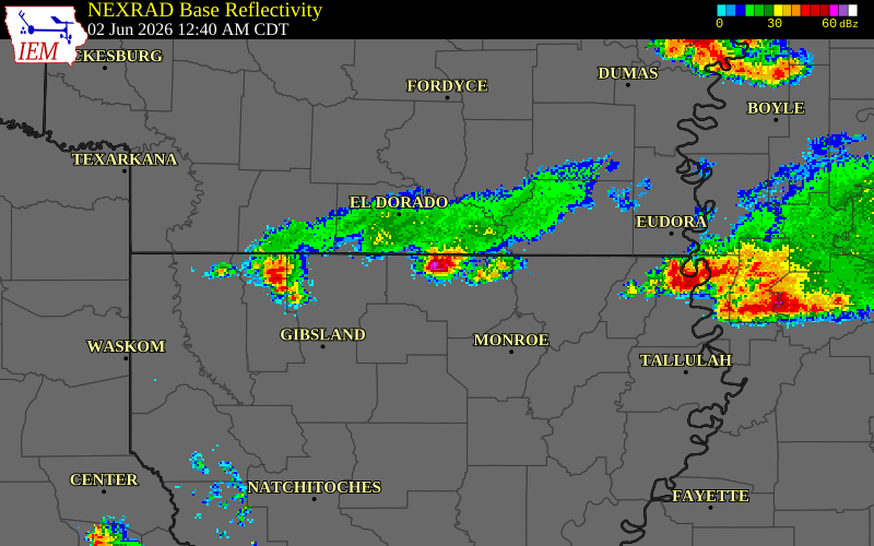 NEXRAD radar during the Tuesday, June 2, 2026 storm activity in Union Parish, Louisiana