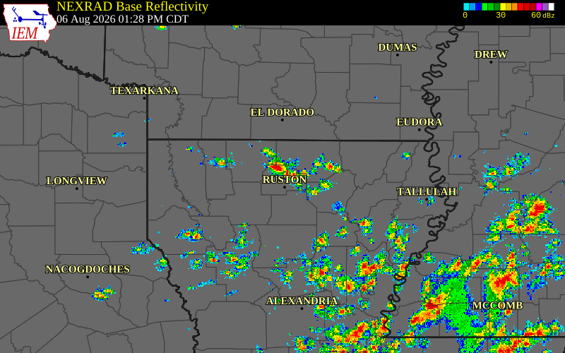 Radar snapshot during the Aug 6, 2026 wind event near Union Parish, Union Parish, Louisiana, with NWS warning polygons