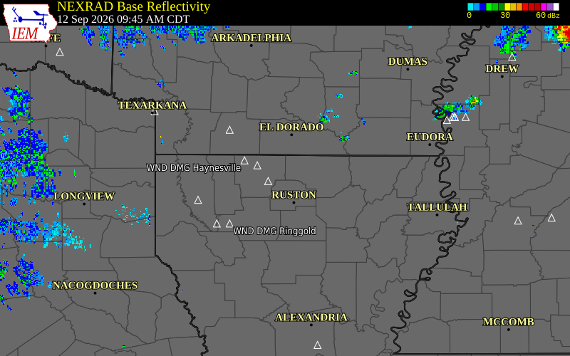 Current NEXRAD radar over Union Parish, Louisiana with recent storm report locations