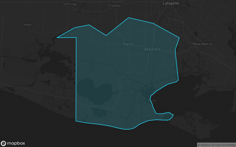 Map of Vermilion Parish, Louisiana showing the county boundary and surrounding cities
