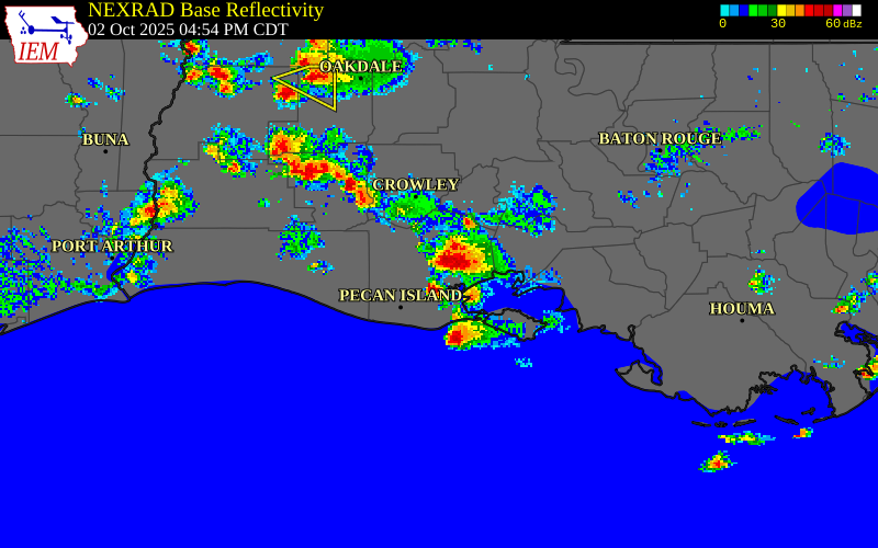 NEXRAD radar during the Thursday, October 2, 2025 storm activity in Vermilion Parish, Louisiana