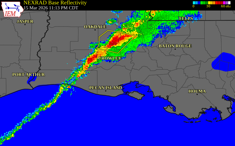 NEXRAD radar during the Sunday, March 15, 2026 storm activity in Vermilion Parish, Louisiana