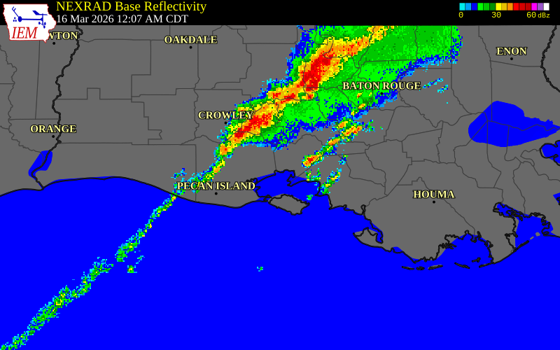NEXRAD radar during the Monday, March 16, 2026 storm activity in Vermilion Parish, Louisiana