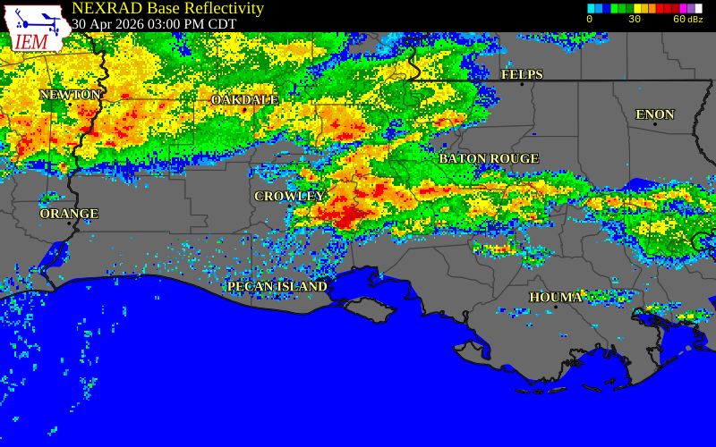 NEXRAD radar during the Thursday, April 30, 2026 storm activity in Vermilion Parish, Louisiana