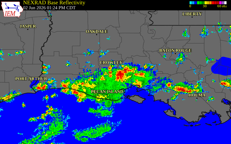 NEXRAD radar during the Tuesday, June 2, 2026 storm activity in Vermilion Parish, Louisiana
