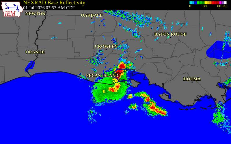 NEXRAD radar during the Wednesday, July 1, 2026 storm activity in Vermilion Parish, Louisiana