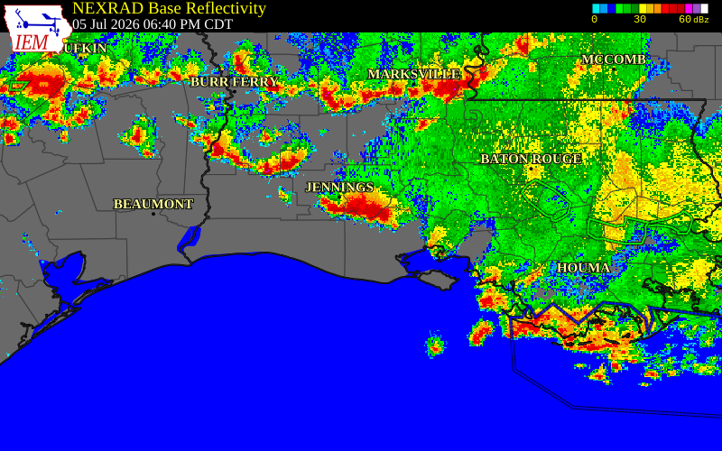 Radar snapshot during the Jul 5, 2026 wind event near Vermilion Parish, Vermilion Parish, Louisiana, with NWS warning polygons