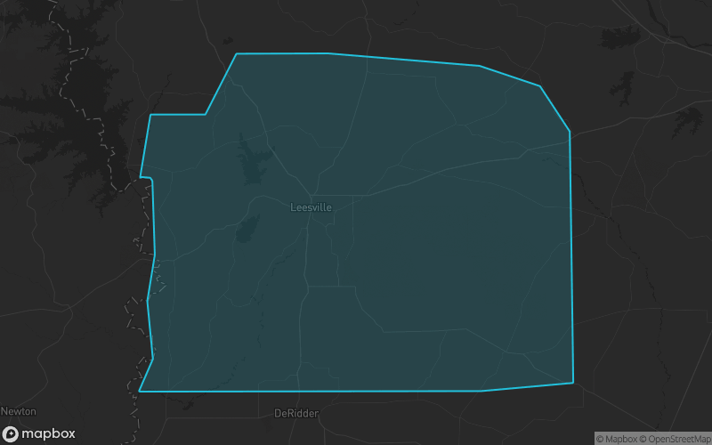 Map of Vernon Parish, Louisiana showing the county boundary and surrounding cities