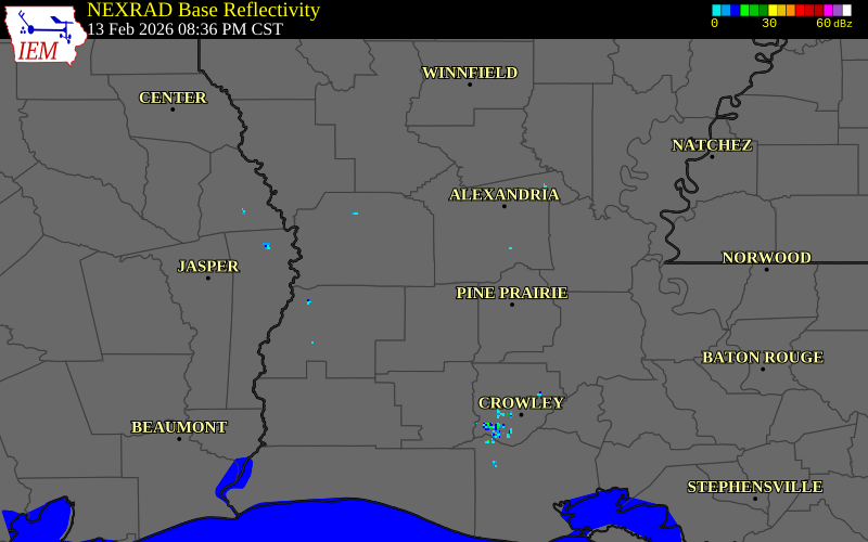 NEXRAD radar during the Friday, February 13, 2026 storm activity in Vernon Parish, Louisiana
