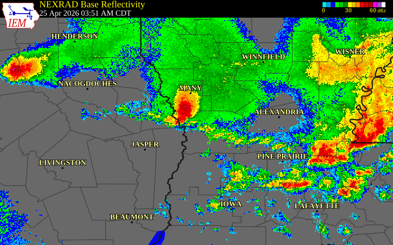 NEXRAD radar during the Saturday, April 25, 2026 storm activity in Vernon Parish, Louisiana