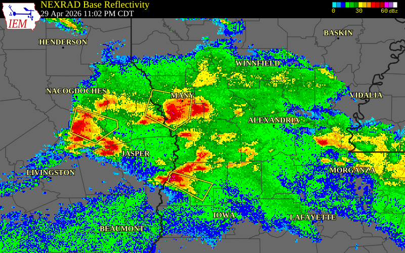 NEXRAD radar during the Wednesday, April 29, 2026 storm activity in Vernon Parish, Louisiana
