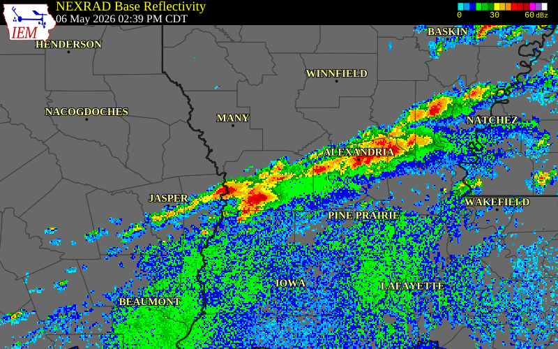 NEXRAD radar during the Wednesday, May 6, 2026 storm activity in Vernon Parish, Louisiana