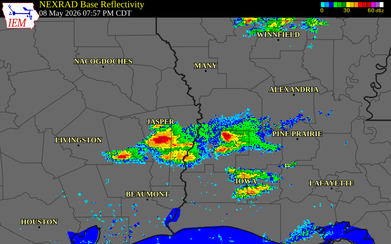 NEXRAD radar during the Friday, May 8, 2026 storm activity in Vernon Parish, Louisiana