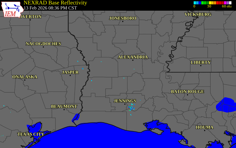 Radar snapshot during the Feb 13, 2026 tornado event near 6 WSW Union Hill, Vernon Parish, Louisiana, with NWS warning polygons