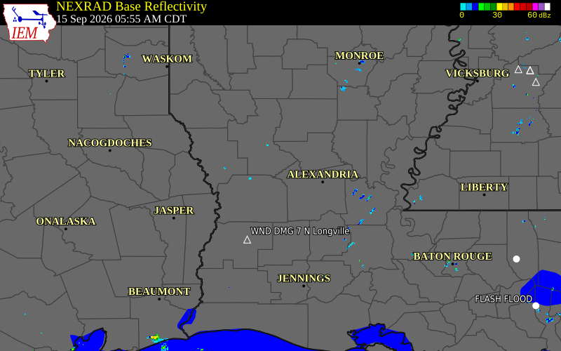 Current NEXRAD radar over Vernon Parish, Louisiana with recent storm report locations