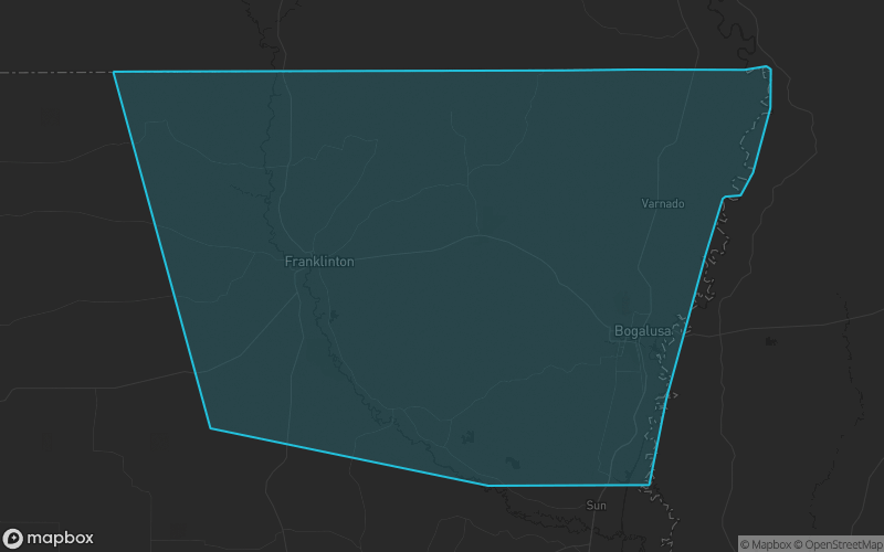 Map of Washington Parish, Louisiana showing the county boundary and surrounding cities