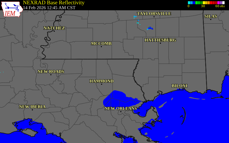 NEXRAD radar during the Saturday, February 14, 2026 storm activity in Washington Parish, Louisiana
