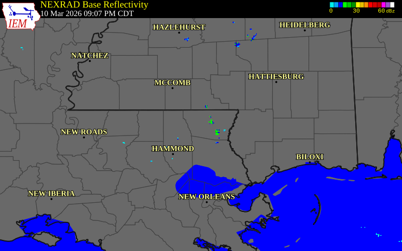 NEXRAD radar during the Tuesday, March 10, 2026 storm activity in Washington Parish, Louisiana