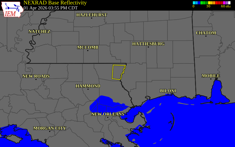 NEXRAD radar during the Wednesday, April 1, 2026 storm activity in Washington Parish, Louisiana