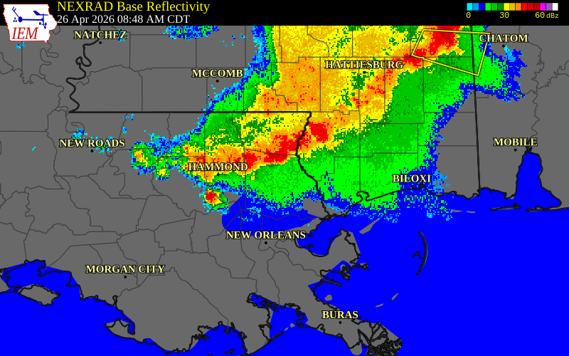 NEXRAD radar during the Sunday, April 26, 2026 storm activity in Washington Parish, Louisiana
