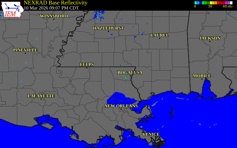Radar snapshot during the Mar 10, 2026 tornado event near 1 SSW Franklinton, Washington Parish, Louisiana, with NWS warning polygons