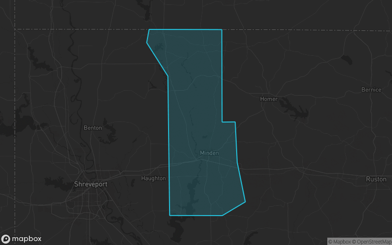 Map of Webster Parish, Louisiana showing the county boundary and surrounding cities