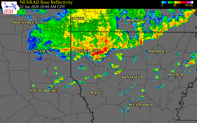 NEXRAD radar during the Monday, June 22, 2026 storm activity in Webster Parish, Louisiana
