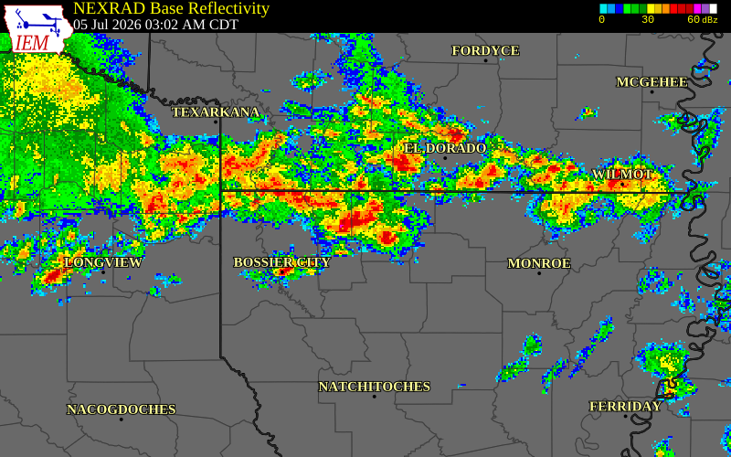 NEXRAD radar during the Sunday, July 5, 2026 storm activity in Webster Parish, Louisiana