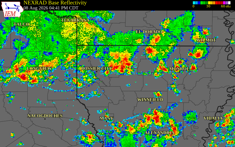 NEXRAD radar during the Saturday, August 8, 2026 storm activity in Webster Parish, Louisiana