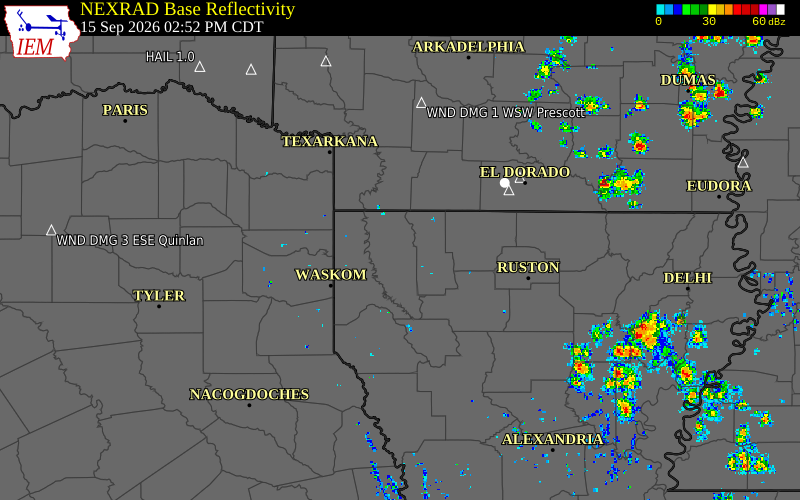 Current NEXRAD radar over Webster Parish, Louisiana with recent storm report locations