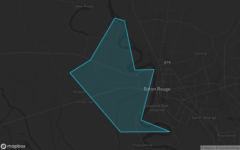Map of West Baton Rouge Parish, Louisiana showing the county boundary and surrounding cities