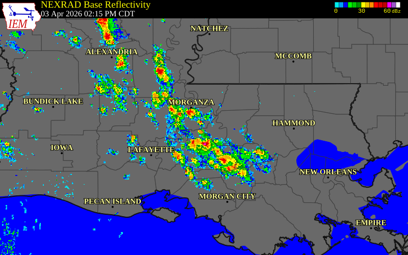 NEXRAD radar during the Friday, April 3, 2026 storm activity in West Baton Rouge Parish, Louisiana