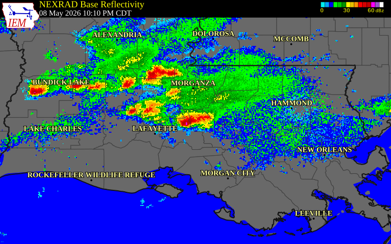 NEXRAD radar during the Friday, May 8, 2026 storm activity in West Baton Rouge Parish, Louisiana