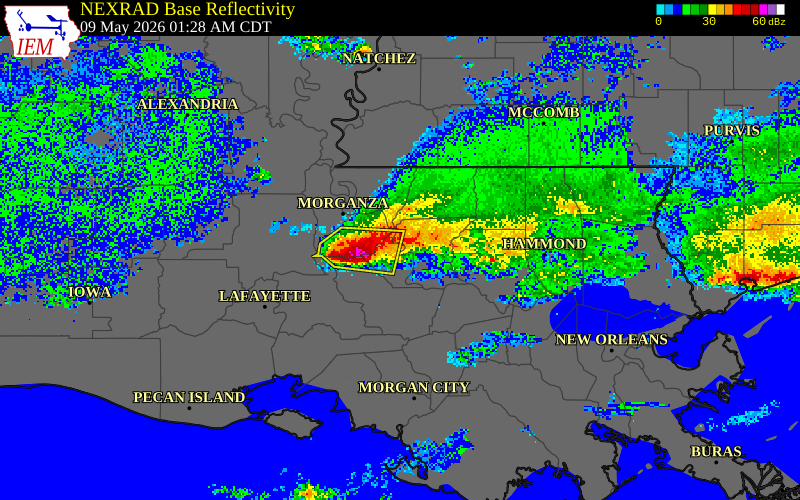 NEXRAD radar during the Saturday, May 9, 2026 storm activity in West Baton Rouge Parish, Louisiana