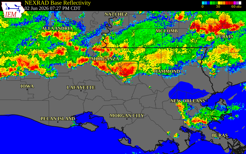 NEXRAD radar during the Tuesday, June 2, 2026 storm activity in West Baton Rouge Parish, Louisiana