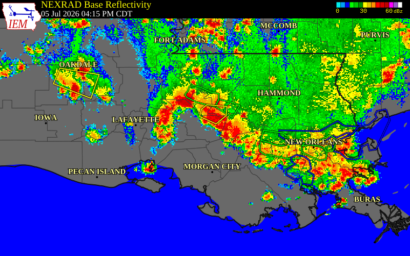 NEXRAD radar during the Sunday, July 5, 2026 storm activity in West Baton Rouge Parish, Louisiana