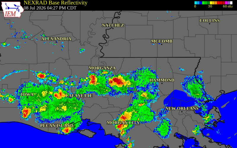NEXRAD radar during the Wednesday, July 8, 2026 storm activity in West Baton Rouge Parish, Louisiana