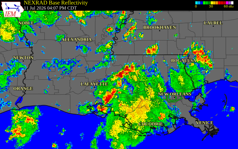 Radar snapshot during the Jul 11, 2026 wind event near West Baton Rouge Parish, West Baton Rouge Parish, Louisiana, with NWS warning polygons