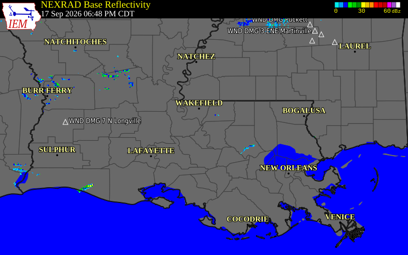 Current NEXRAD radar over West Baton Rouge Parish, Louisiana with recent storm report locations