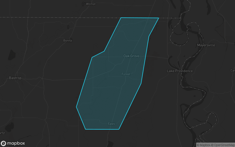 Map of West Carroll Parish, Louisiana showing the county boundary and surrounding cities