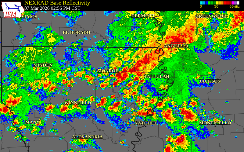 NEXRAD radar during the Saturday, March 7, 2026 storm activity in West Carroll Parish, Louisiana