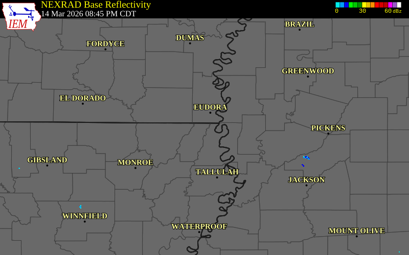 NEXRAD radar during the Saturday, March 14, 2026 storm activity in West Carroll Parish, Louisiana